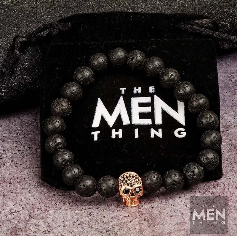 THE MEN THING Bead Bracelet LAVA SKULL ROSE GOLD TONE - Beads Bracelet with Natural Volcanic Stone - 7inch Stretch Bracelet