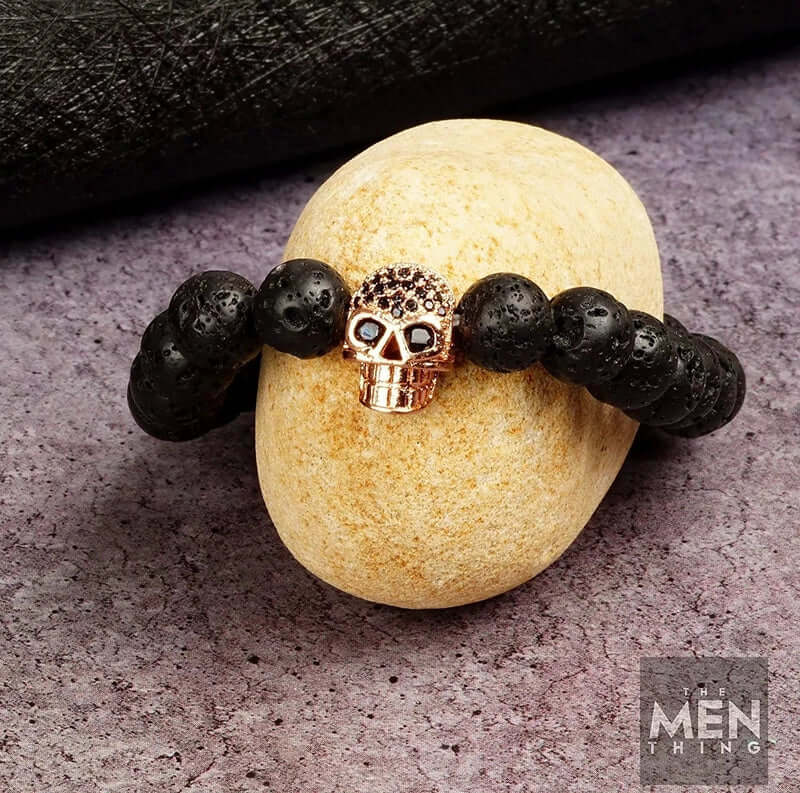 THE MEN THING Bead Bracelet LAVA SKULL ROSE GOLD TONE - Beads Bracelet with Natural Volcanic Stone - 7inch Stretch Bracelet