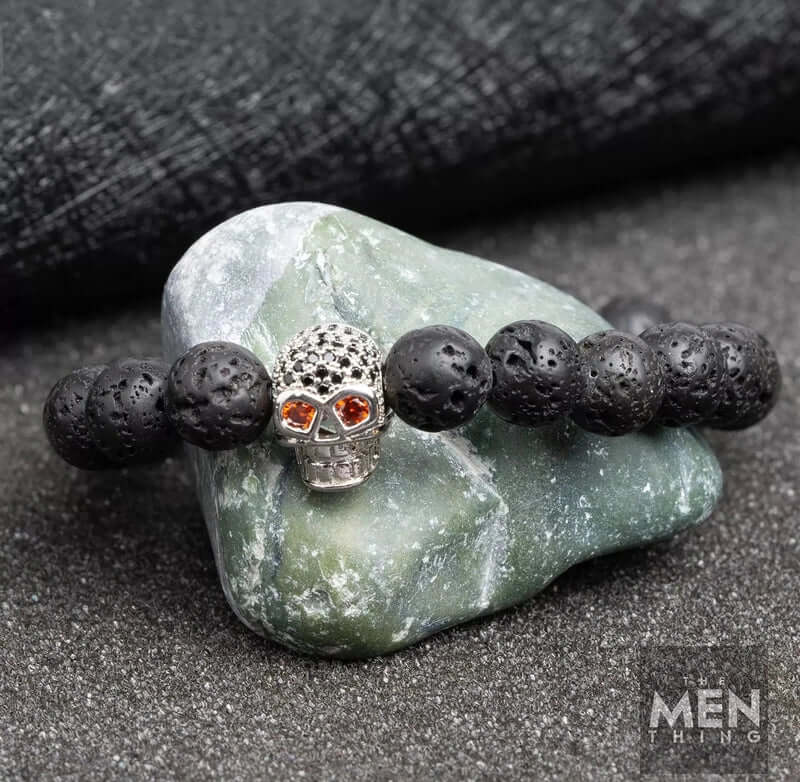 THE MEN THING Bead Bracelet LAVA SKULL SILVER TONE - Beads Bracelet with Natural Volcanic Stone - 7inch Stretch Bracelet