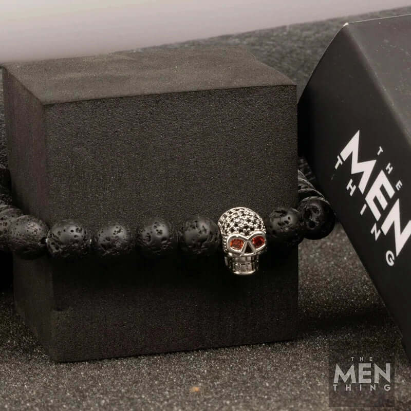 THE MEN THING Bead Bracelet LAVA SKULL SILVER TONE - Beads Bracelet with Natural Volcanic Stone - 7inch Stretch Bracelet