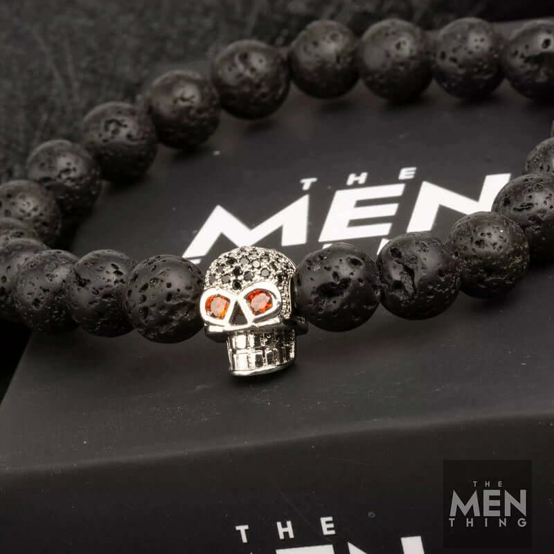 THE MEN THING Bead Bracelet LAVA SKULL SILVER TONE - Beads Bracelet with Natural Volcanic Stone - 7inch Stretch Bracelet