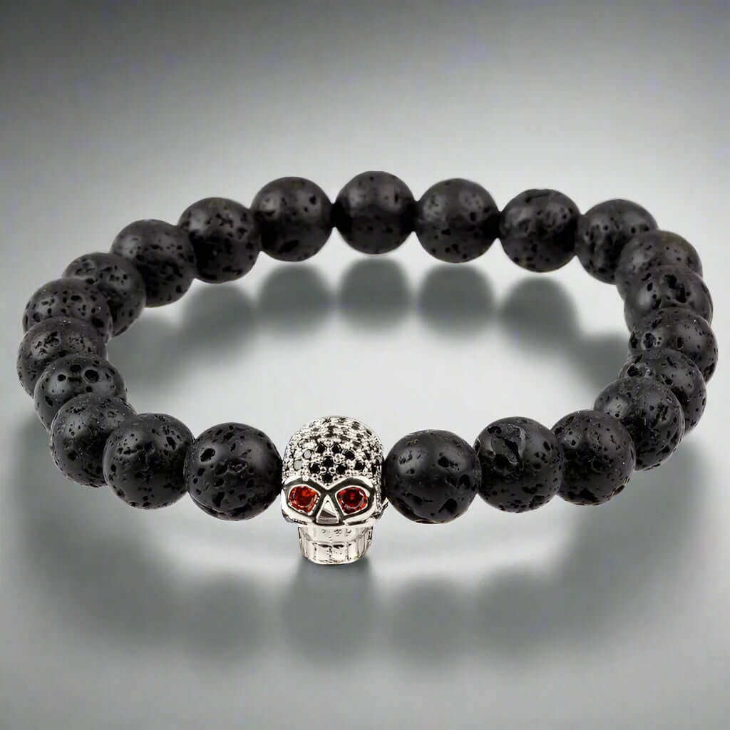 THE MEN THING Bead Bracelet LAVA SKULL SILVER TONE - Beads Bracelet with Natural Volcanic Stone - 7inch Stretch Bracelet
