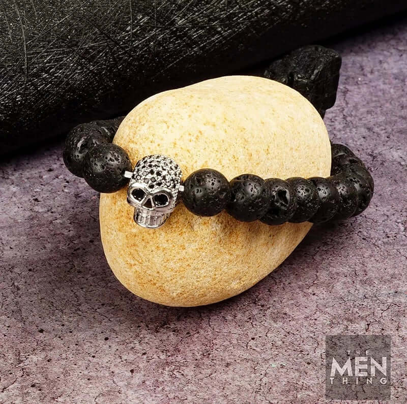THE MEN THING Bead Bracelet LAVA SKULL SILVER TONE - Beads Bracelet with Natural Volcanic Stone - 7inch Stretch Bracelet