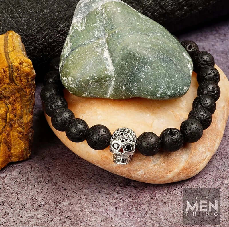 THE MEN THING Bead Bracelet LAVA SKULL SILVER TONE - Beads Bracelet with Natural Volcanic Stone - 7inch Stretch Bracelet