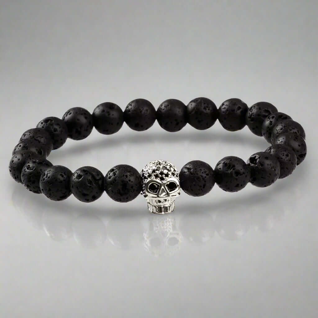 THE MEN THING Bead Bracelet LAVA SKULL SILVER TONE - Beads Bracelet with Natural Volcanic Stone - 7inch Stretch Bracelet