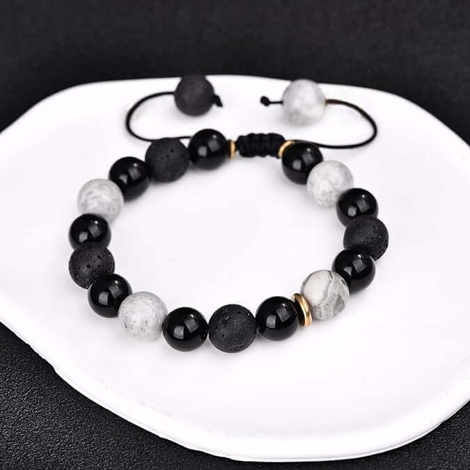 THE MEN THING Bead Bracelet MAGIC NIGHT - Beads Bracelet with Natural Stone - Stretch / Adjustable Bracelet for Men & Boys