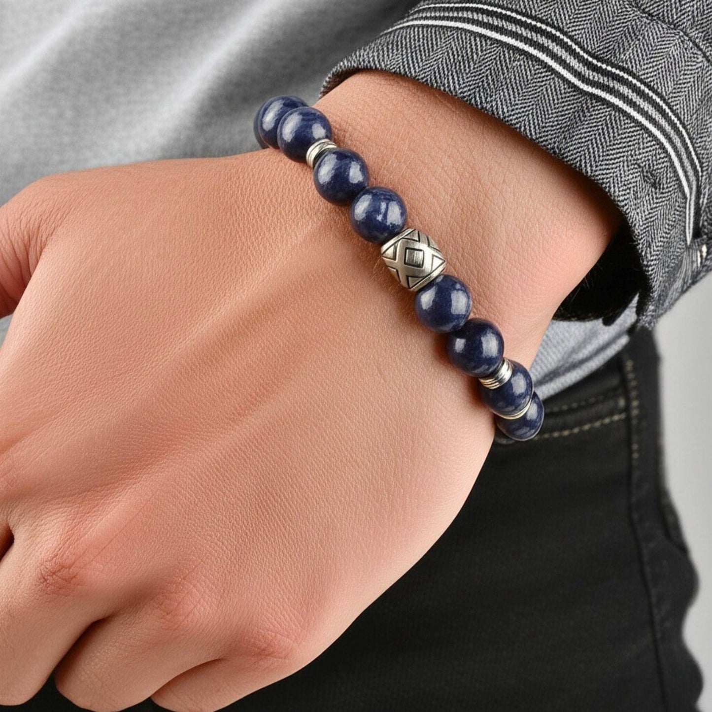 THE MEN THING Bead Bracelet MIDNIGHT NOVA - 12mm Beads Bracelet with Natural Stone - Adjustable Bracelet