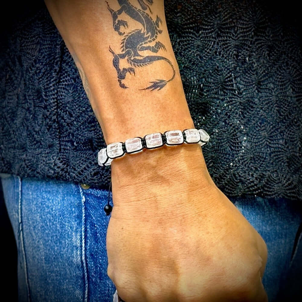 THE MEN THING Bead Bracelet MOONSTONE SQUARE - Beads Bracelet with Natural Stone - Adjustable Bracelet for Men & Boys