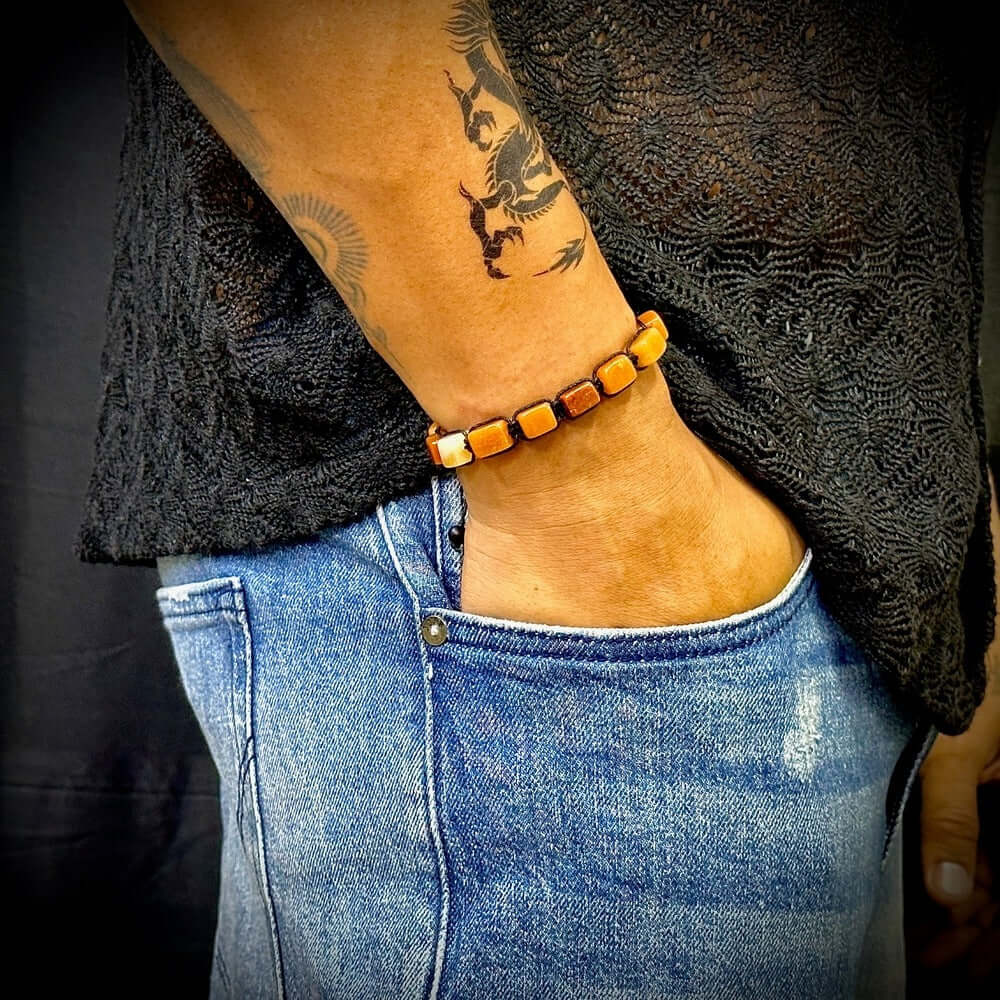 THE MEN THING Bead Bracelet MOSAIC SQUARE - Beads Bracelet with Natural Stone - Adjustable Bracelet for Men & Boys
