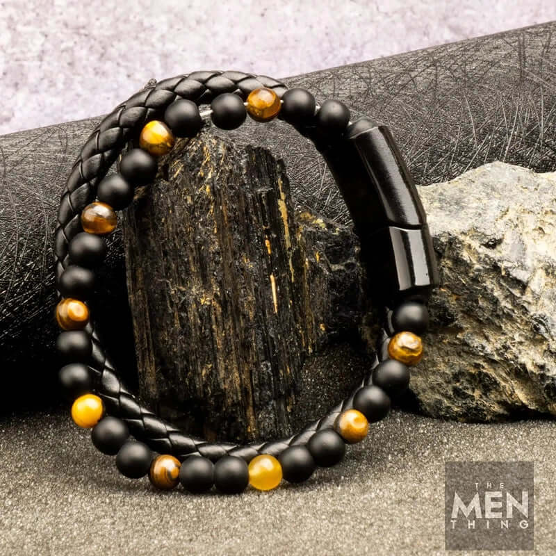 THE MEN THING Bead Bracelet NATURAL TIGER EYE HEALER - Natural Healing Beads - Tiger Eye Stone & Black Onyx Leather with Stainless Steel Magnetic Buckle for Men & Boys (7.5inch)
