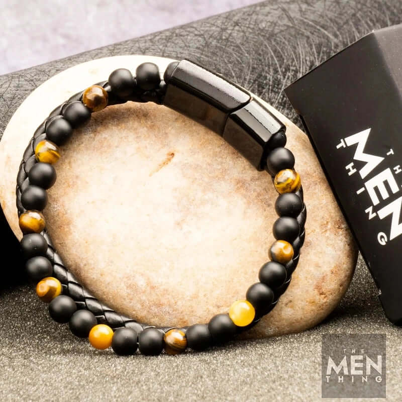 THE MEN THING Bead Bracelet NATURAL TIGER EYE HEALER - Natural Healing Beads - Tiger Eye Stone & Black Onyx Leather with Stainless Steel Magnetic Buckle for Men & Boys (7.5inch)