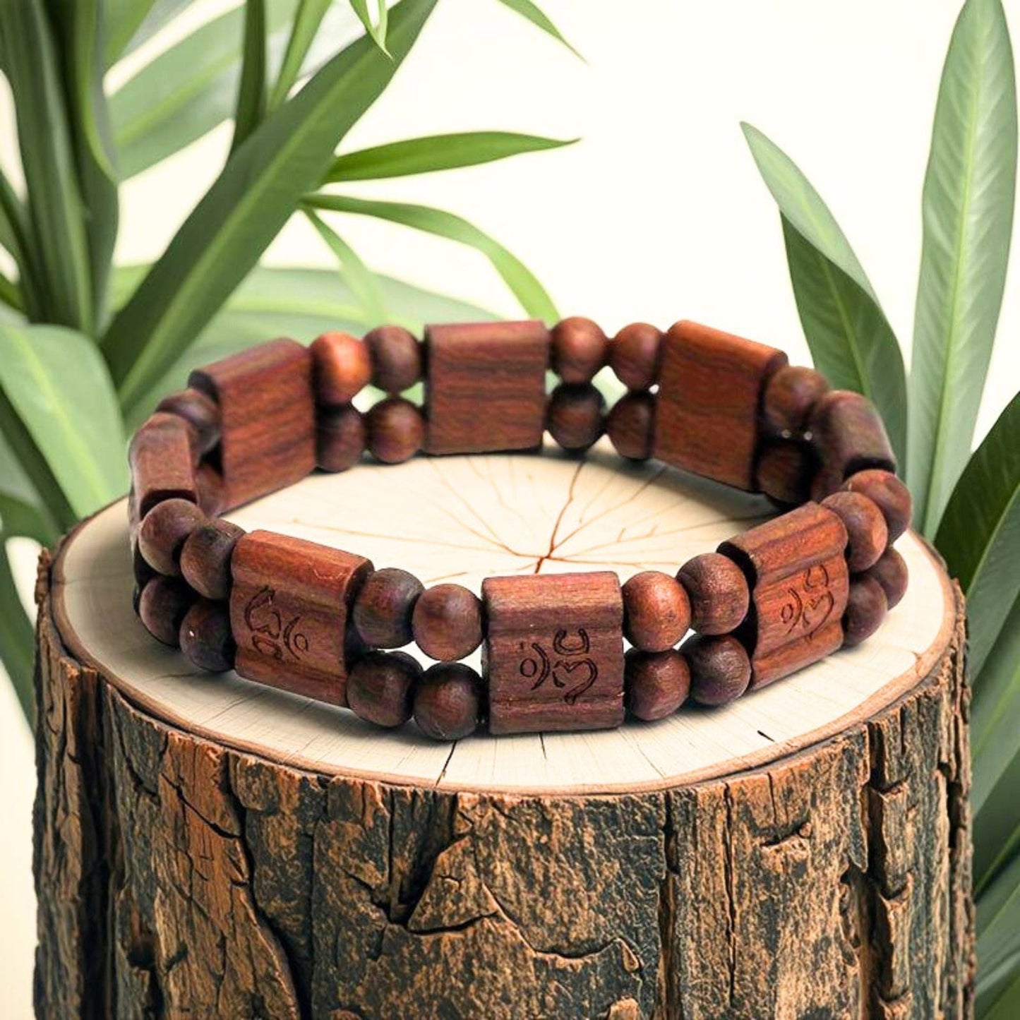 THE MEN THING Bead Bracelet OM SERENITY - 15mm Wooden Beads Bracelet with Natural Stone - Adjustable Bracelet