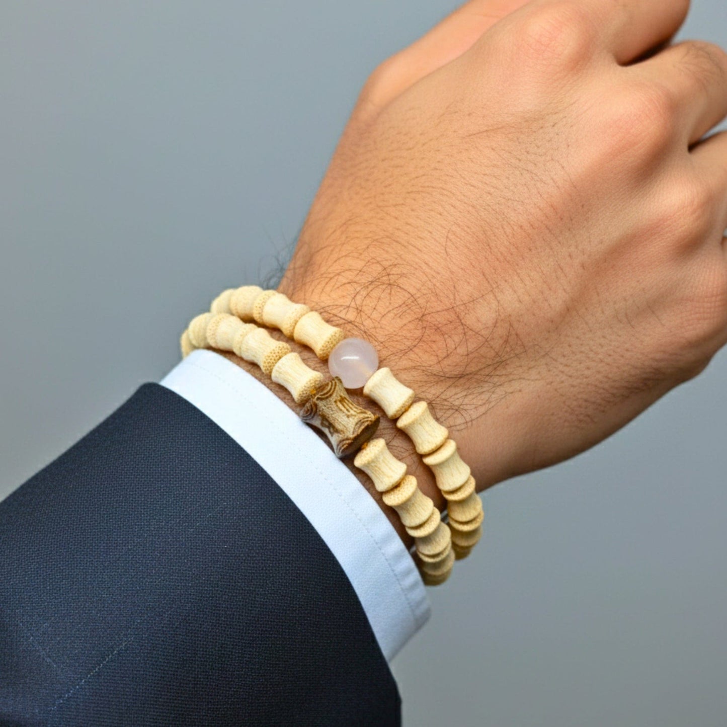 THE MEN THING Bead Bracelet SOLARA BEAD - 7mm Wooden Beads Bracelet with Natural Stone - Adjustable Bracelet