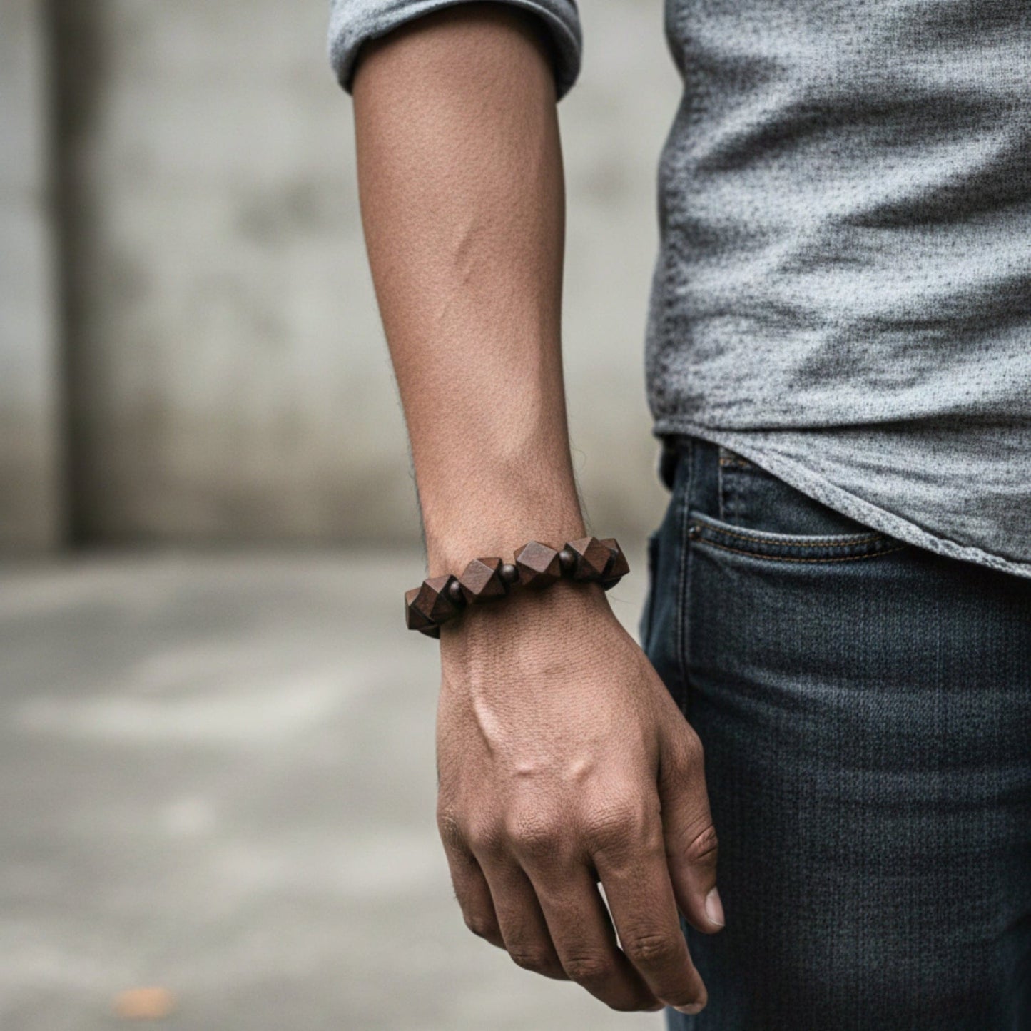 THE MEN THING Bead Bracelet SOLBARK - 16mm Wooden Beads Bracelet with Natural Stone - Adjustable Bracelet