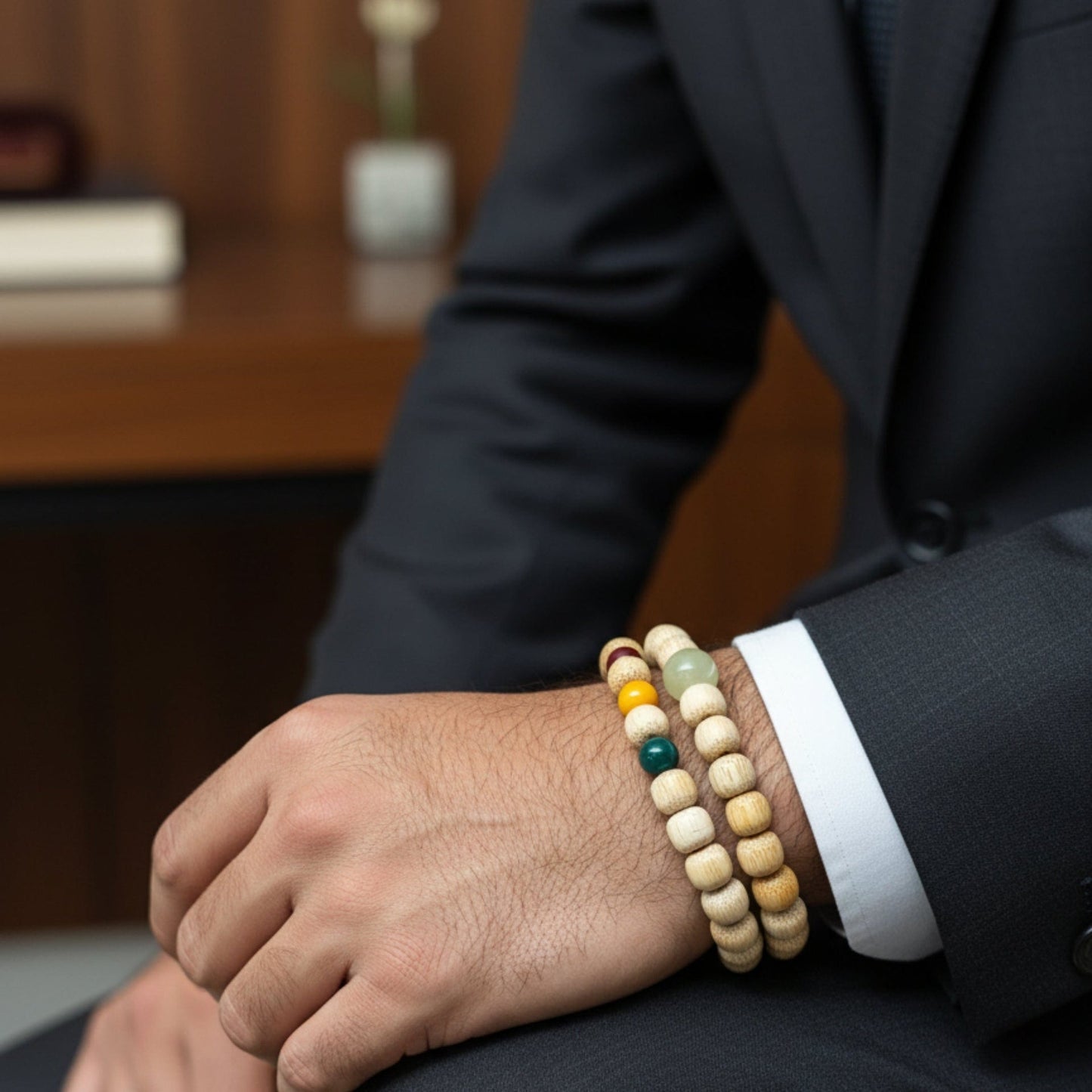 THE MEN THING Bead Bracelet TRANQUIL AURA - 10mm Wooden Beads Bracelet with Natural Stone - Adjustable Bracelet