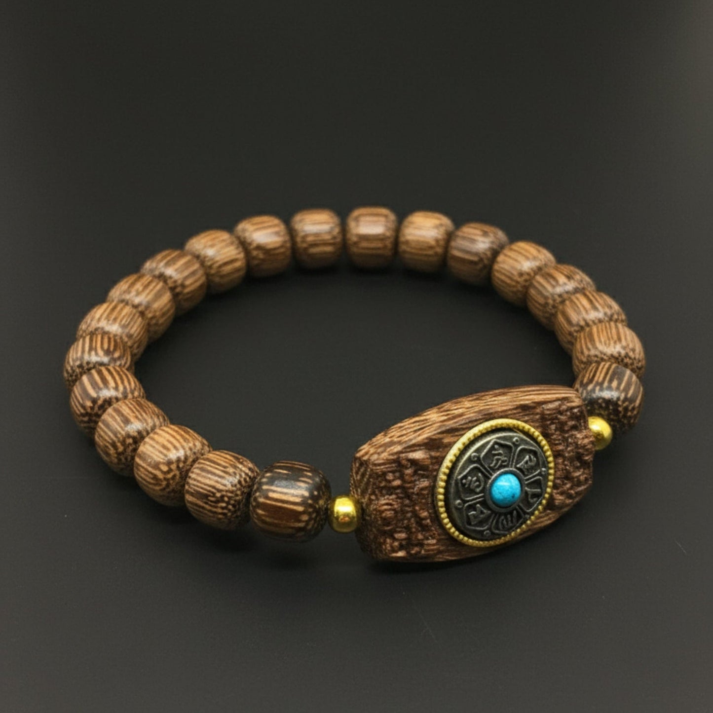 THE MEN THING Bead Bracelet TURQUOISE AMULET - 10mm Wooden Beads Bracelet with Natural Stone - Adjustable Bracelet