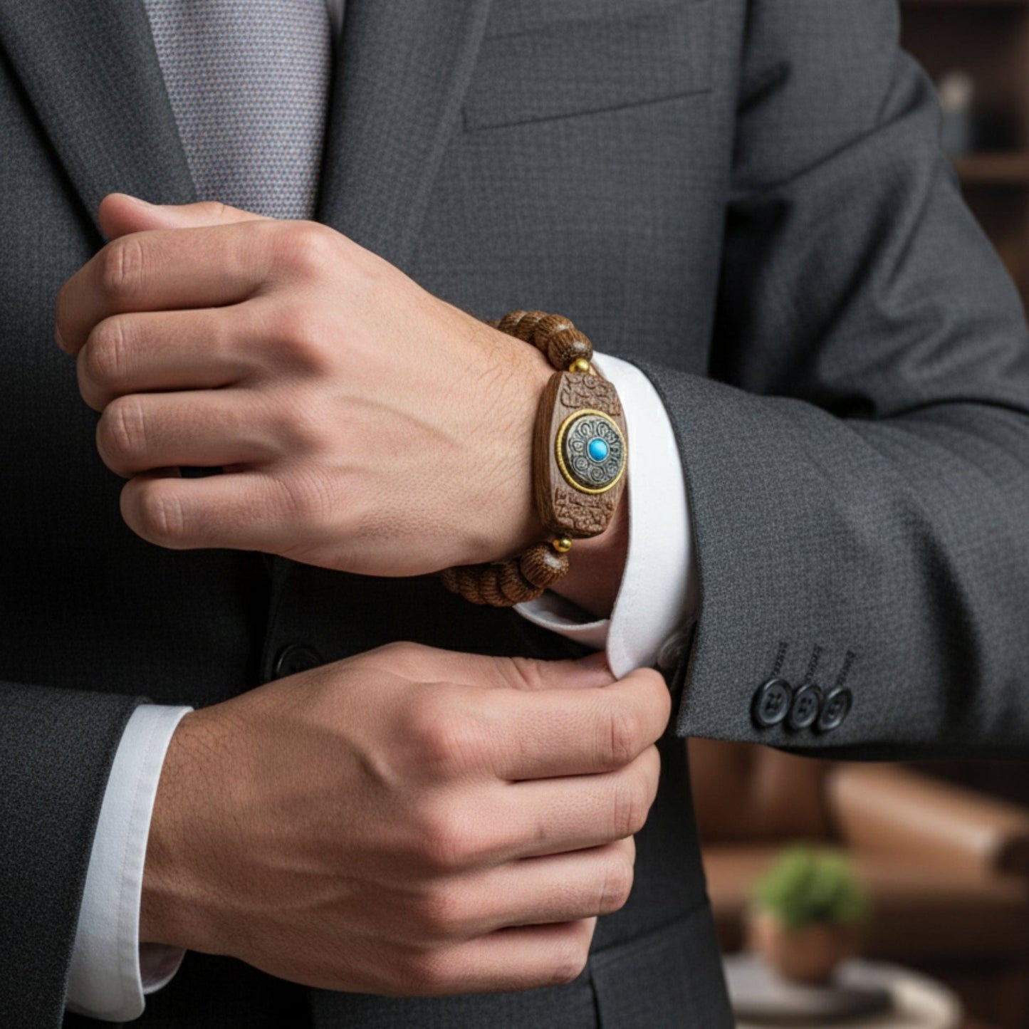 THE MEN THING Bead Bracelet TURQUOISE AMULET - 10mm Wooden Beads Bracelet with Natural Stone - Adjustable Bracelet