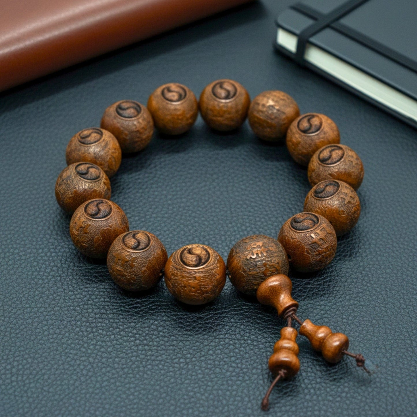THE MEN THING Bead Bracelet YINYANG SACRED - 21mm Wooden Beads Bracelet with Natural Stone - Adjustable Bracelet