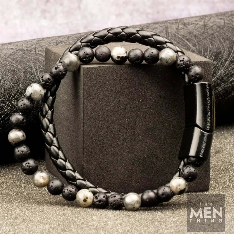 THE MEN THING Bead Bracelets DARK AGE STYLE - European Style Genuine Leather Bracelet with Multi-Layer Braided, 100% Stainless Steel Magnetic Buckle for Men & Boys (7 inch)