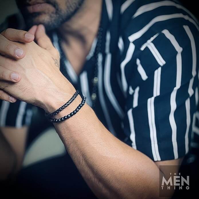 THE MEN THING Bead Bracelets EBONY DUO - European Style Genuine Leather Bracelet with Multi-Layer Braided, 100% Stainless Steel Magnetic Buckle for Men & Boys (7 inch)