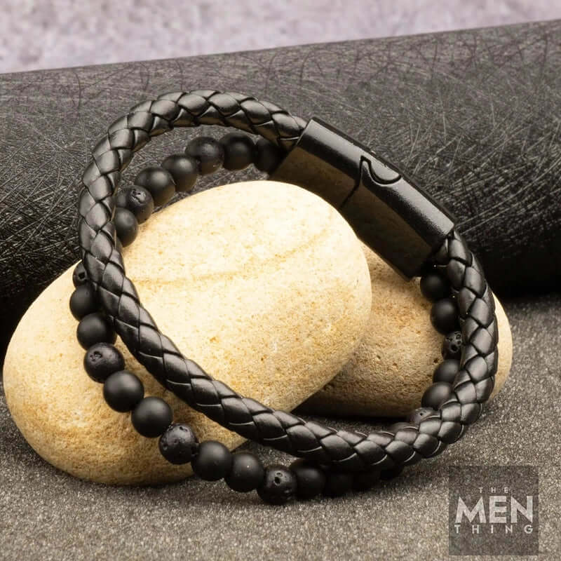 THE MEN THING Bead Bracelets EBONY DUO - European Style Genuine Leather Bracelet with Multi-Layer Braided, 100% Stainless Steel Magnetic Buckle for Men & Boys (7 inch)