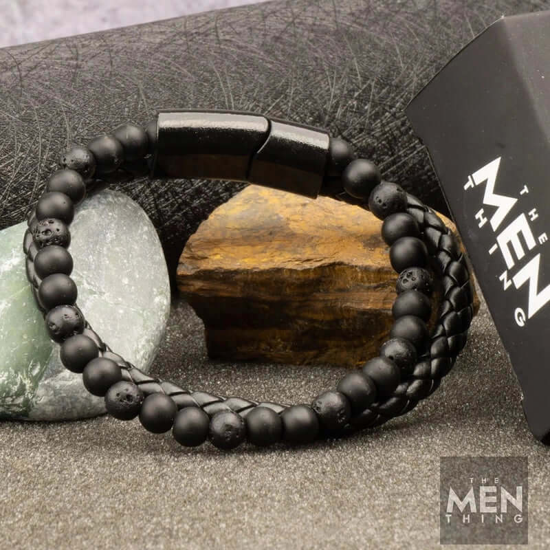 THE MEN THING Bead Bracelets EBONY DUO - European Style Genuine Leather Bracelet with Multi-Layer Braided, 100% Stainless Steel Magnetic Buckle for Men & Boys (7 inch)