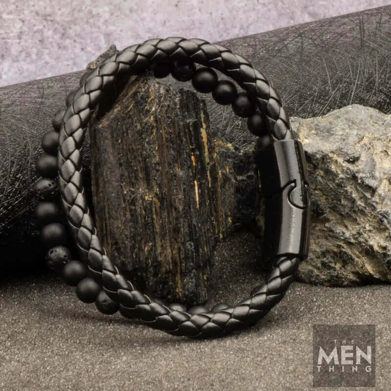 THE MEN THING Bead Bracelets EBONY DUO - European Style Genuine Leather Bracelet with Multi-Layer Braided, 100% Stainless Steel Magnetic Buckle for Men & Boys (7 inch)
