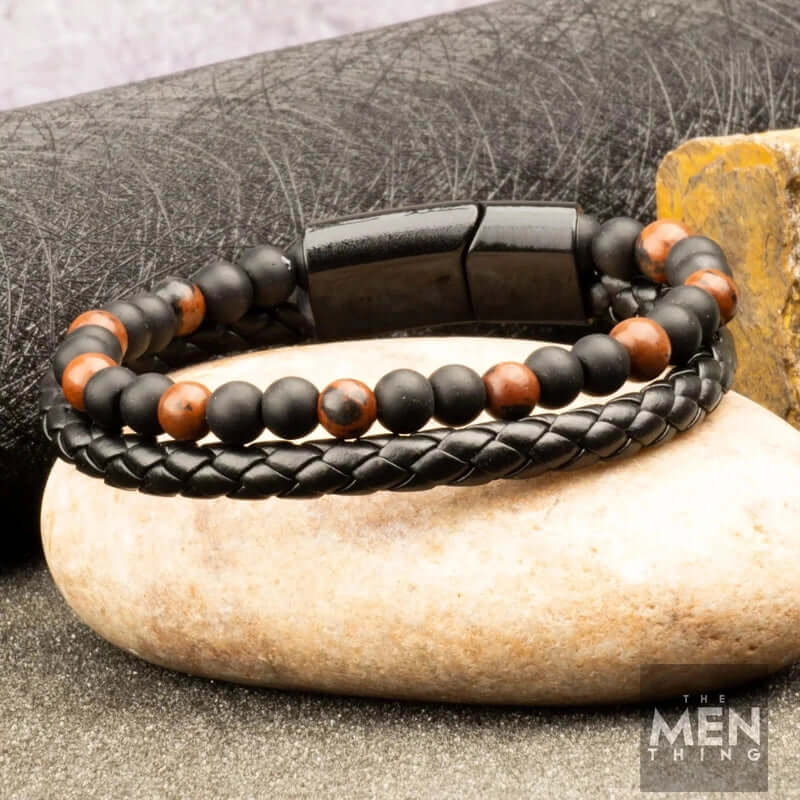 THE MEN THING Bead Bracelets ECLIPSE SAND - European Style Genuine Leather Bracelet with Multi-Layer Braided, 100% Stainless Steel Magnetic Buckle for Men & Boys (7 inch)