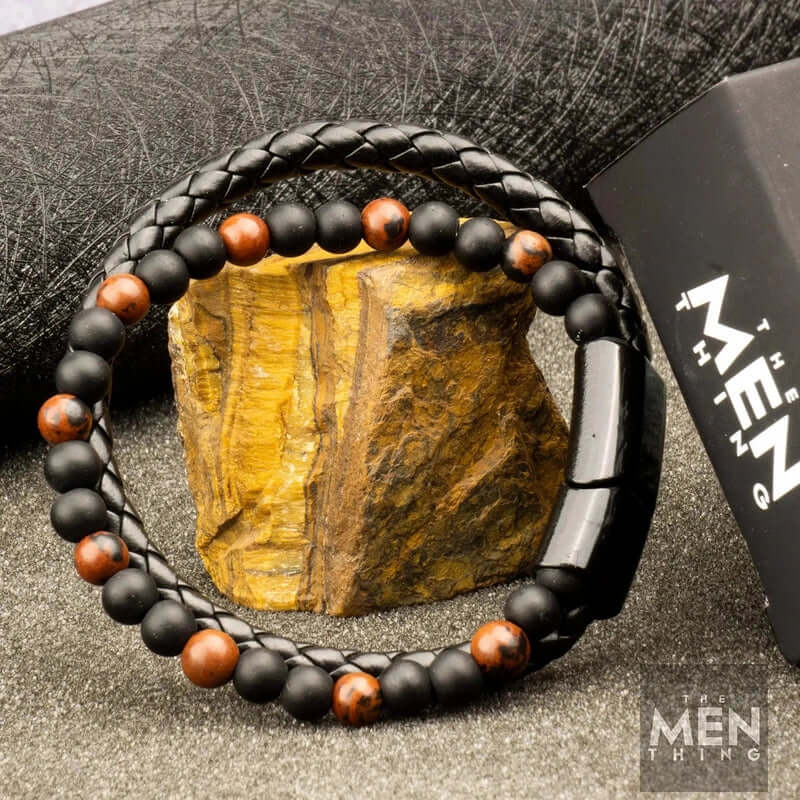THE MEN THING Bead Bracelets ECLIPSE SAND - European Style Genuine Leather Bracelet with Multi-Layer Braided, 100% Stainless Steel Magnetic Buckle for Men & Boys (7 inch)