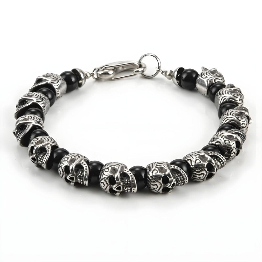 THE MEN THING Bead Bracelets GRIM SKULL - Black Agate - 8inch Pure Stainless Steel Bracelet for Men & Boy