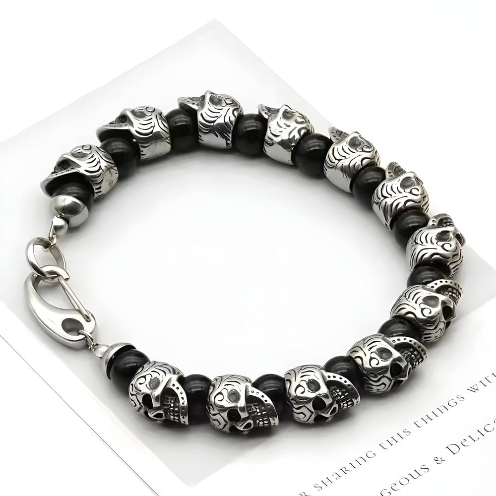 THE MEN THING Bead Bracelets GRIM SKULL - Black Agate - 8inch Pure Stainless Steel Bracelet for Men & Boy