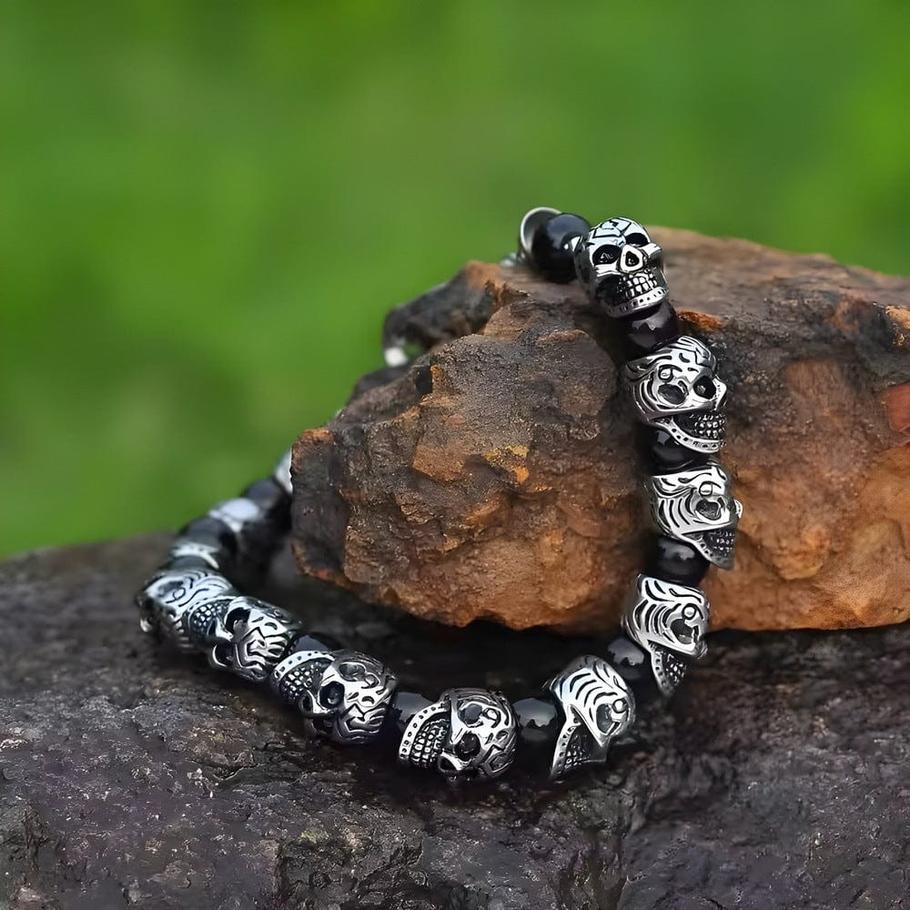 THE MEN THING Bead Bracelets GRIM SKULL - Black Agate - 8inch Pure Stainless Steel Bracelet for Men & Boy