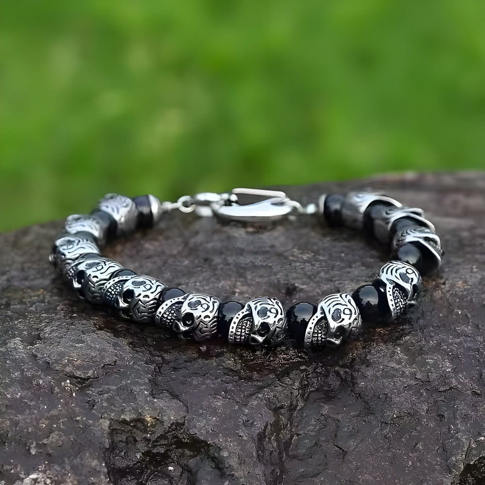 THE MEN THING Bead Bracelets GRIM SKULL - Black Agate - 8inch Pure Stainless Steel Bracelet for Men & Boy