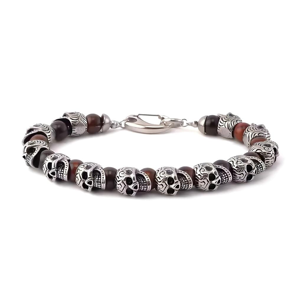 THE MEN THING Bead Bracelets GRIM SKULL - Red Tiger Eye - 8inch Pure Stainless Steel Bracelet for Men & Boy