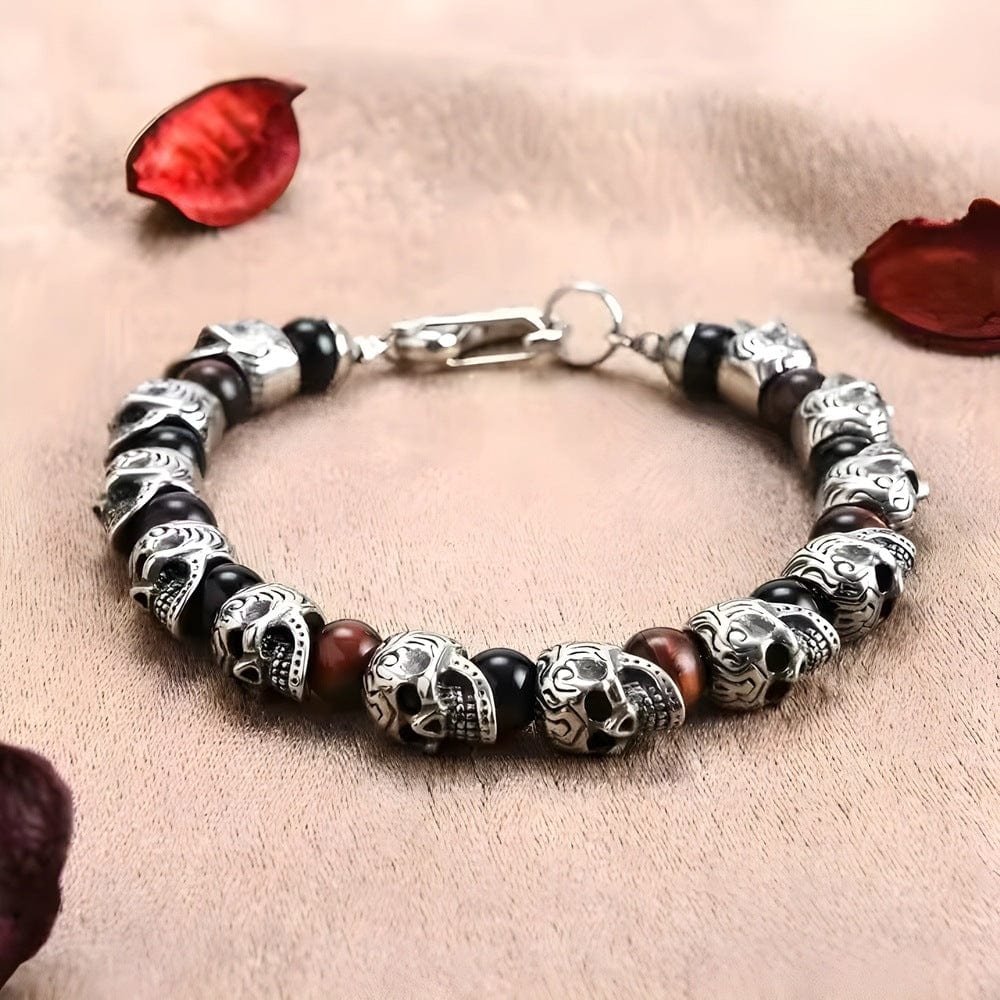 THE MEN THING Bead Bracelets GRIM SKULL - Red Tiger Eye - 8inch Pure Stainless Steel Bracelet for Men & Boy