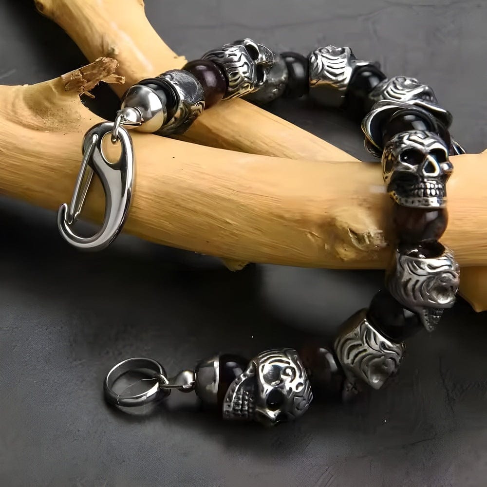 THE MEN THING Bead Bracelets GRIM SKULL - Red Tiger Eye - 8inch Pure Stainless Steel Bracelet for Men & Boy