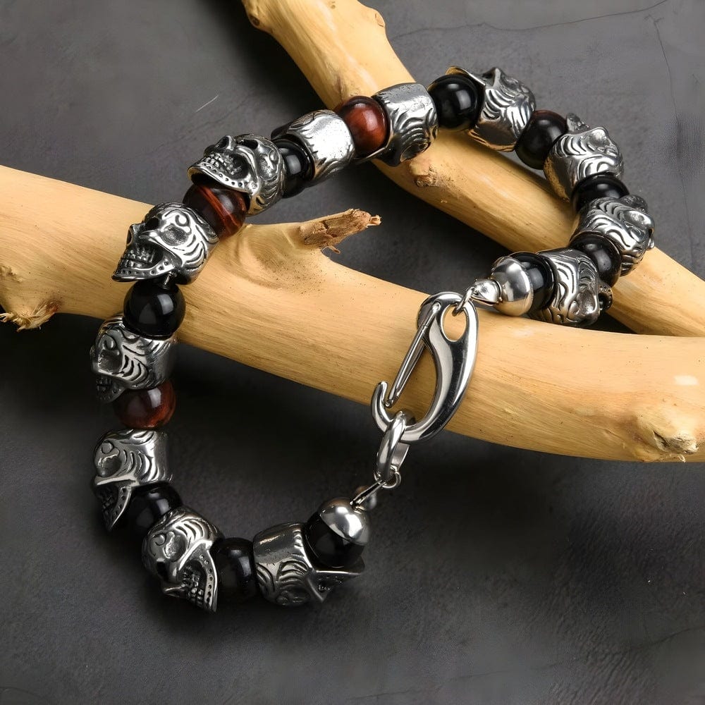 THE MEN THING Bead Bracelets GRIM SKULL - Red Tiger Eye - 8inch Pure Stainless Steel Bracelet for Men & Boy