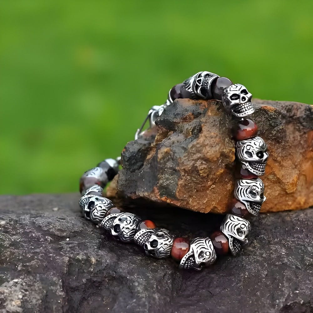 THE MEN THING Bead Bracelets GRIM SKULL - Red Tiger Eye - 8inch Pure Stainless Steel Bracelet for Men & Boy