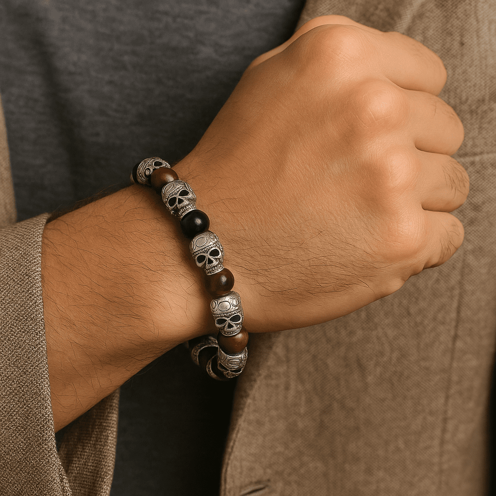 THE MEN THING Bead Bracelets GRIM SKULL - Red Tiger Eye - 8inch Pure Stainless Steel Bracelet for Men & Boy