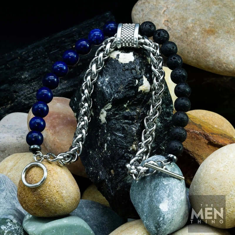 THE MEN THING Beads Bracelet BEADFUSION BLUE - Natural Beads Bracelet for Men - Become Money Magnet - Natural Volcanic Stone Colorful 7 Chakra Energy Stretch Bracelet (7inch)