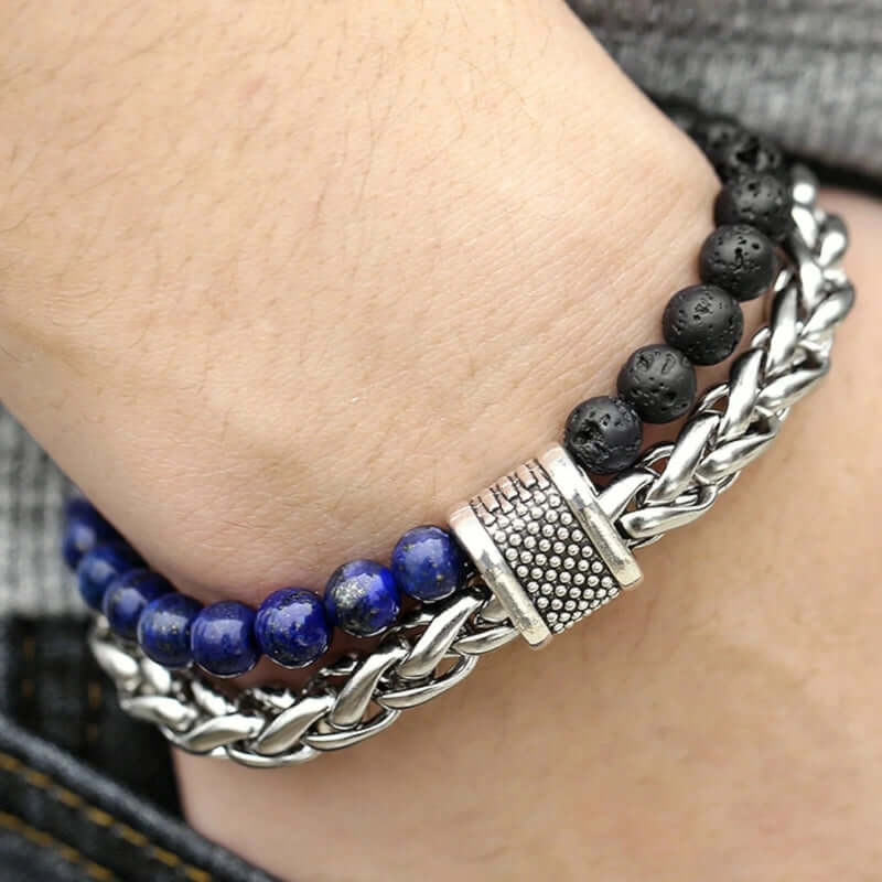 THE MEN THING Beads Bracelet BEADFUSION BLUE - Natural Beads Bracelet for Men - Become Money Magnet - Natural Volcanic Stone Colorful 7 Chakra Energy Stretch Bracelet (7inch)