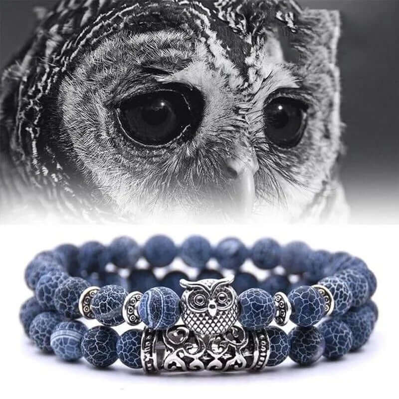 THE MEN THING Beads Bracelet BLUE ONYX OWL - Natural Beads Alloy Stretch Bracelet for Men and Boys