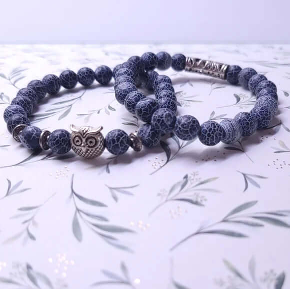THE MEN THING Beads Bracelet BLUE ONYX OWL - Natural Beads Alloy Stretch Bracelet for Men and Boys