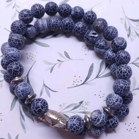 THE MEN THING Beads Bracelet BLUE ONYX OWL - Natural Beads Alloy Stretch Bracelet for Men and Boys