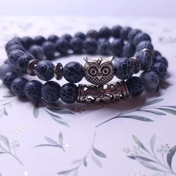 THE MEN THING Beads Bracelet BLUE ONYX OWL - Natural Beads Alloy Stretch Bracelet for Men and Boys