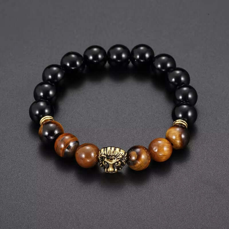 THE MEN THING Beads Bracelet LION HEAD - Natural Beads Alloy Stretch Bracelet for Men and Boys