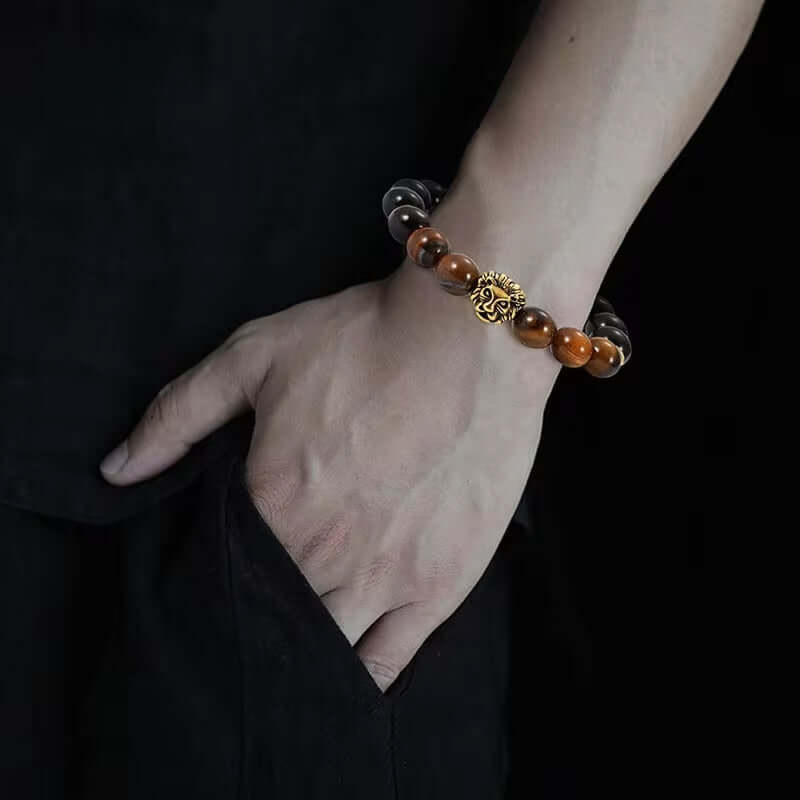THE MEN THING Beads Bracelet LION HEAD - Natural Beads Alloy Stretch Bracelet for Men and Boys
