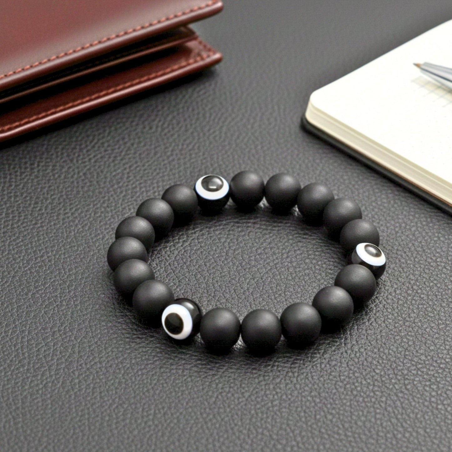 THE MEN THING Beads Bracelet SHADOW EVIL EYE - 12mm Wooden Beads Bracelet with Natural Stone - Adjustable Bracelet