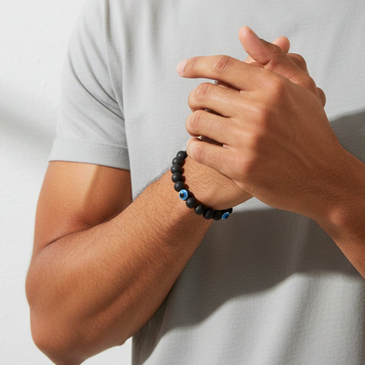 THE MEN THING Beads Bracelet TRINITY EVIL EYE - 12mm Wooden Beads Bracelet with Natural Stone - Adjustable Bracelet