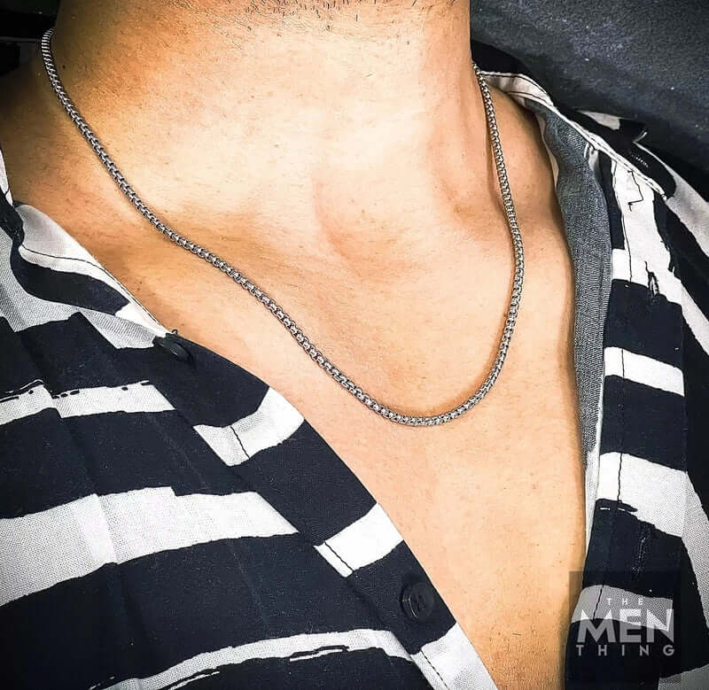 THE MEN THING Chain SILVER ROUNDED BOX - 3mm Chain Stainless Steel 18" to 32" inch Necklace for Men & Boy's